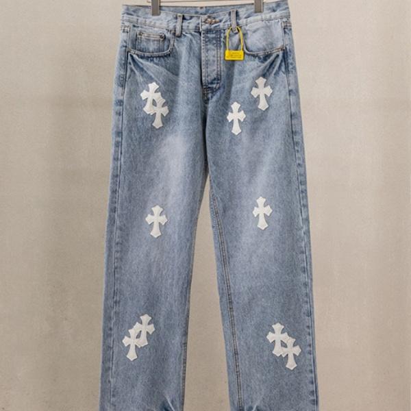 2026新作 CHROME HEARTS コピー クロムハーツ クロスパッチ デニムパンツ メンズ ワイドストレート ジーンズ ウォッシュ加工 ストリート カジュアル