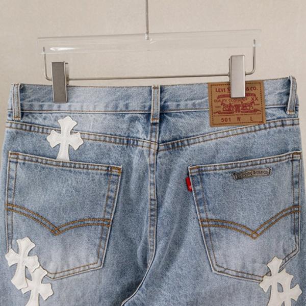 2026新作 CHROME HEARTS コピー クロムハーツ クロスパッチ デニムパンツ メンズ ワイドストレート ジーンズ ウォッシュ加工 ストリート カジュアル