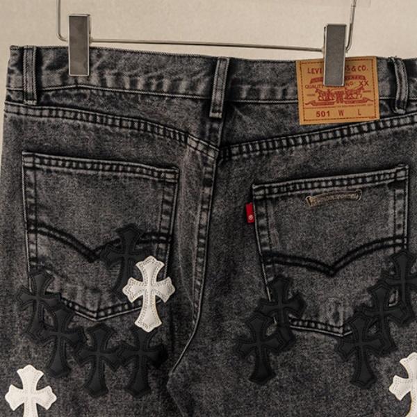 2026新作 CHROME HEARTS クロムハーツ コピー クロスパッチ デニムパンツ メンズ ブラックウォッシュ ジーンズ ワイドストレート ストリート カジュアル