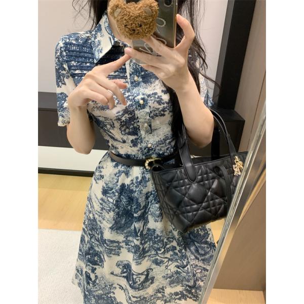 半袖 DIOR ディオール コピー シャツワンピース 総柄プリント ウエストベルト ミディ丈 レディース お出かけ