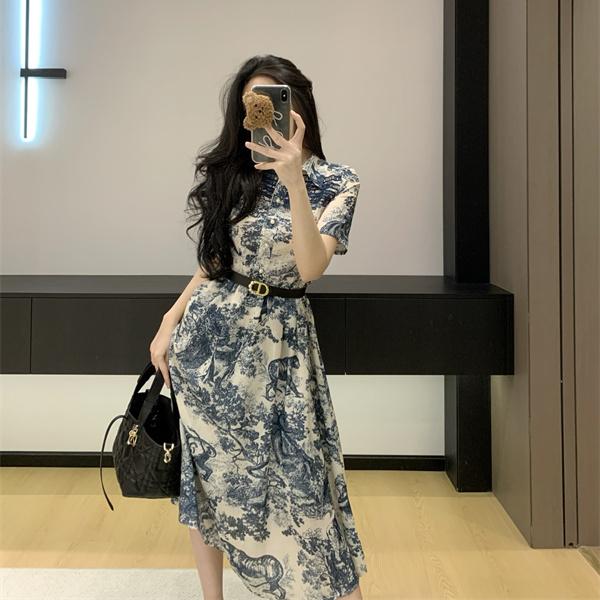 半袖 DIOR ディオール コピー シャツワンピース 総柄プリント ウエストベルト ミディ丈 レディース お出かけ