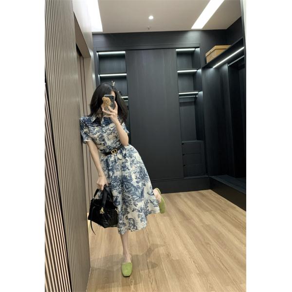 半袖 DIOR ディオール コピー シャツワンピース 総柄プリント ウエストベルト ミディ丈 レディース お出かけ