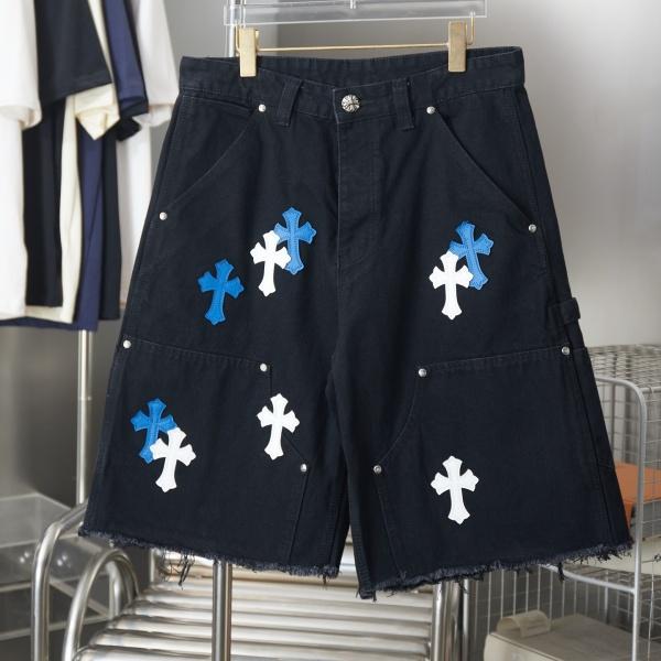 CHROME HEARTS クロムハーツ × GALLERY DEPT ギャラリーデプト 2026新作 クロス刺繍 デニムショートパンツ フリンジ加工 ワイドシルエット メンズ レディース
