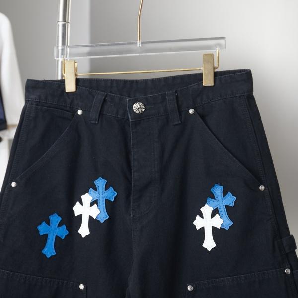 CHROME HEARTS クロムハーツ × GALLERY DEPT ギャラリーデプト 2026新作 クロス刺繍 デニムショートパンツ フリンジ加工 ワイドシルエット メンズ レディース