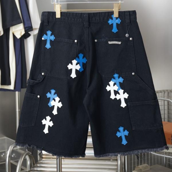 CHROME HEARTS クロムハーツ × GALLERY DEPT ギャラリーデプト 2026新作 クロス刺繍 デニムショートパンツ フリンジ加工 ワイドシルエット メンズ レディース