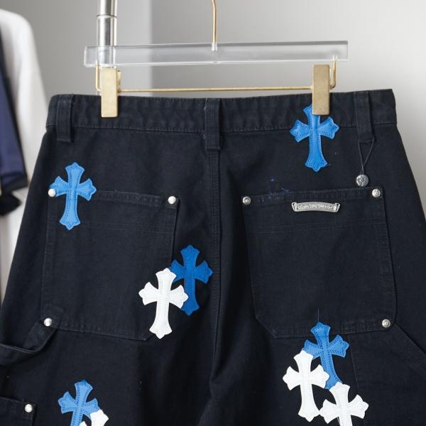 CHROME HEARTS クロムハーツ × GALLERY DEPT ギャラリーデプト 2026新作 クロス刺繍 デニムショートパンツ フリンジ加工 ワイドシルエット メンズ レディース