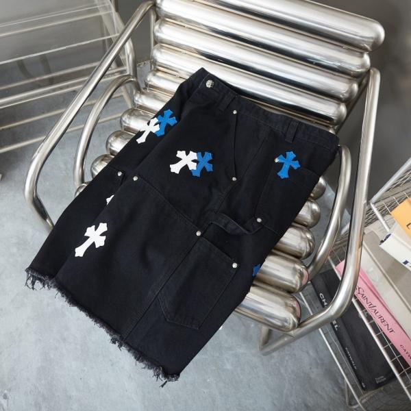 CHROME HEARTS クロムハーツ × GALLERY DEPT ギャラリーデプト 2026新作 クロス刺繍 デニムショートパンツ フリンジ加工 ワイドシルエット メンズ レディース
