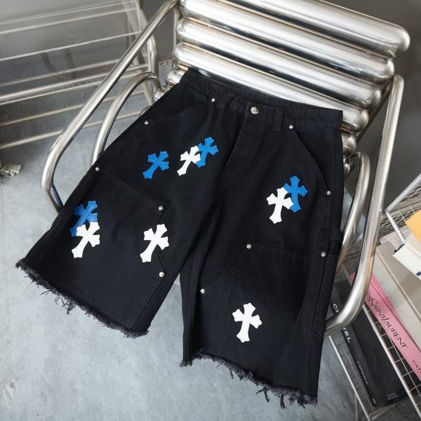 CHROME HEARTS クロムハーツ × GALLERY DEPT ギャラリーデプト 2026新作 クロス刺繍 デニムショートパンツ フリンジ加工 ワイドシルエット メンズ レディース