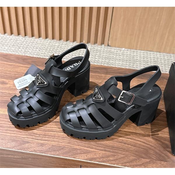 Prada 26ss プラダサンダルコピー 編み上げデザインのローマ厚底サンダル黒色上質9㎝高さ