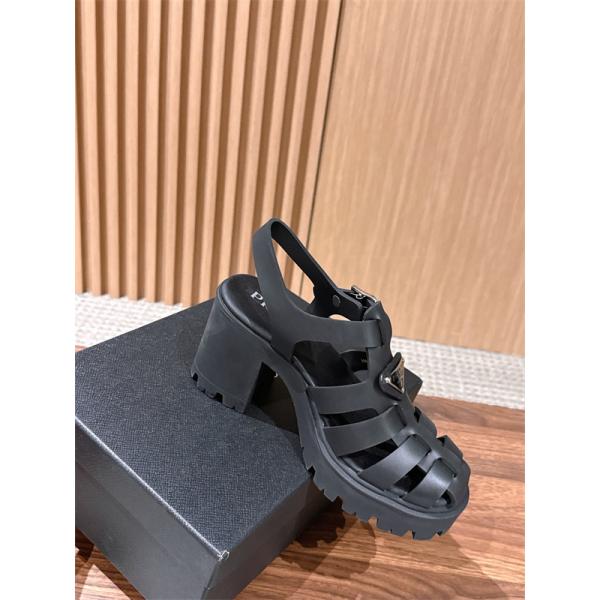Prada 26ss プラダサンダルコピー 編み上げデザインのローマ厚底サンダル黒色上質9㎝高さ