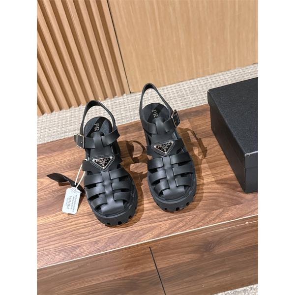 Prada 26ss プラダサンダルコピー 編み上げデザインのローマ厚底サンダル黒色上質9㎝高さ