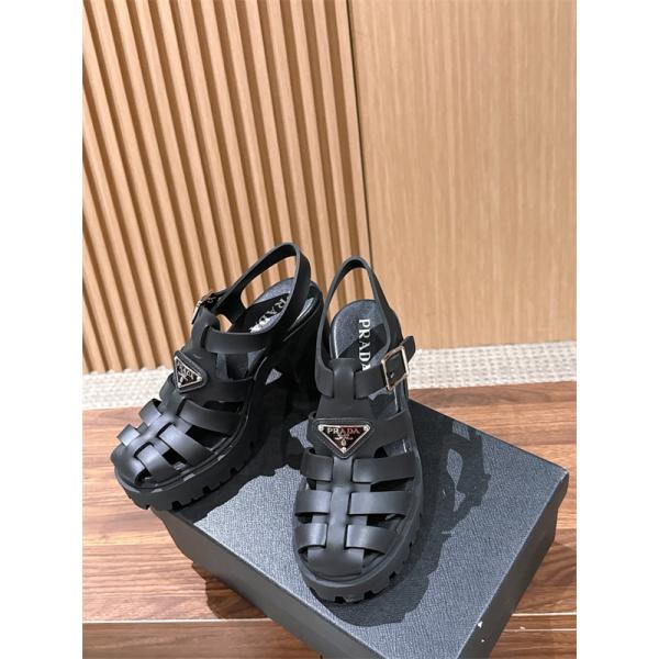 Prada 26ss プラダサンダルコピー 編み上げデザインのローマ厚底サンダル黒色上質9㎝高さ