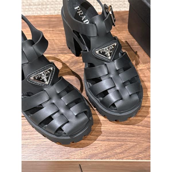 Prada 26ss プラダサンダルコピー 編み上げデザインのローマ厚底サンダル黒色上質9㎝高さ