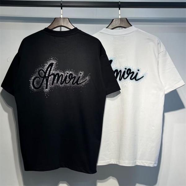 AMIRI アミリ 2026 クリスタルロゴ 半袖Tシャツ ラインストーン装飾 フロッキープリント オーバーサイズ ストリート ラグジュアリー メンズ レディース