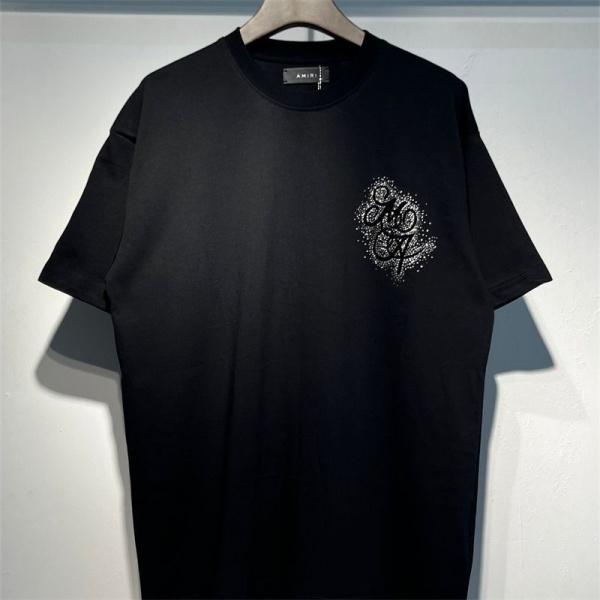 AMIRI アミリ 2026 クリスタルロゴ 半袖Tシャツ ラインストーン装飾 フロッキープリント オーバーサイズ ストリート ラグジュアリー メンズ レディース