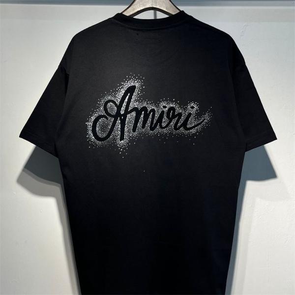 AMIRI アミリ 2026 クリスタルロゴ 半袖Tシャツ ラインストーン装飾 フロッキープリント オーバーサイズ ストリート ラグジュアリー メンズ レディース