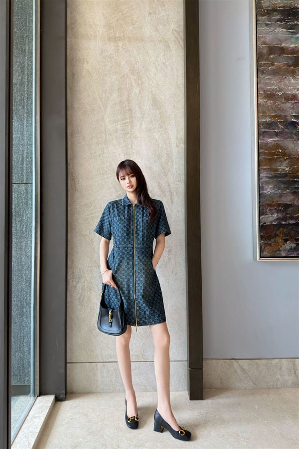 デニムモノグラム フロントジップデザイン きれいめスタイル フレンチムード GUCCI グッチ コピー ワンピース