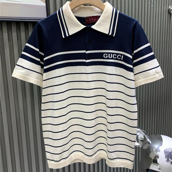 ボーダー柄 ニット調 襟付き GUCCI グッチ コピー 半袖ポロシャツ ロゴ刺繍 きれいめカジュアル 着映えトップス 売れ筋候補
