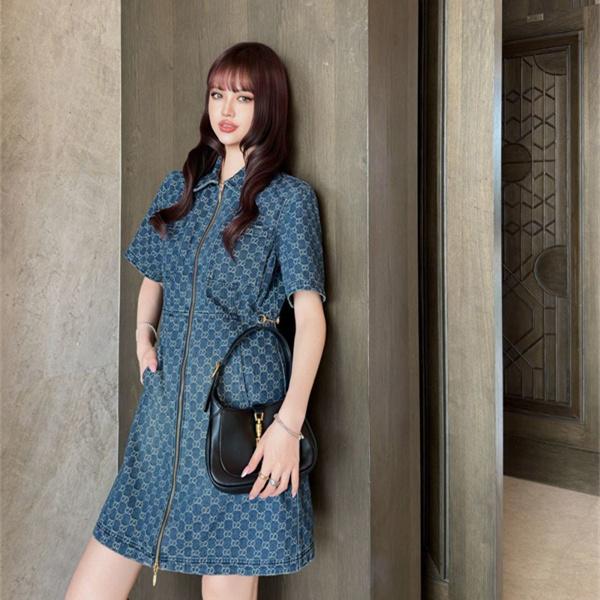 デニムモノグラム フロントジップデザイン きれいめスタイル フレンチムード GUCCI グッチ コピー ワンピース