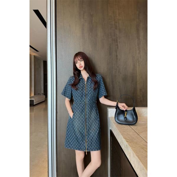 デニムモノグラム フロントジップデザイン きれいめスタイル フレンチムード GUCCI グッチ コピー ワンピース