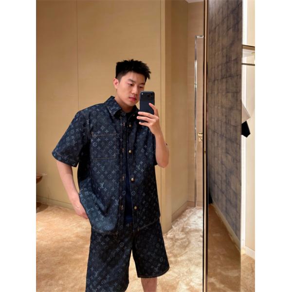 デニムシャツジャケット モノグラム総柄 ショートスリーブ LOUIS VUITTON ルイヴィトン コピー シャツジャケット 軽アウター風デザイン デイリーコーデ向け