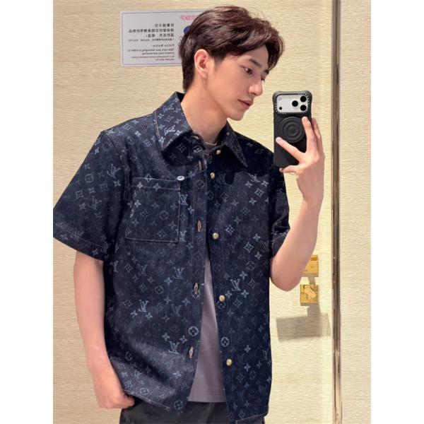 デニムシャツジャケット モノグラム総柄 ショートスリーブ LOUIS VUITTON ルイヴィトン コピー シャツジャケット 軽アウター風デザイン デイリーコーデ向け