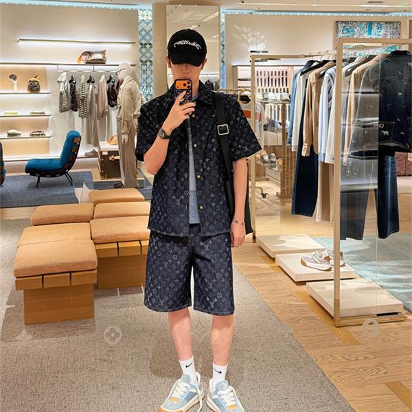 デニムシャツジャケット モノグラム総柄 ショートスリーブ LOUIS VUITTON ルイヴィトン コピー シャツジャケット 軽アウター風デザイン デイリーコーデ向け