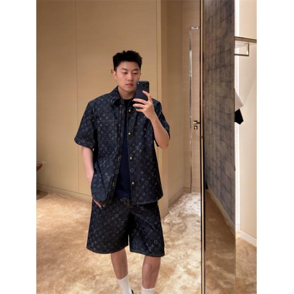 デニムシャツジャケット モノグラム総柄 ショートスリーブ LOUIS VUITTON ルイヴィトン コピー シャツジャケット 軽アウター風デザイン デイリーコーデ向け
