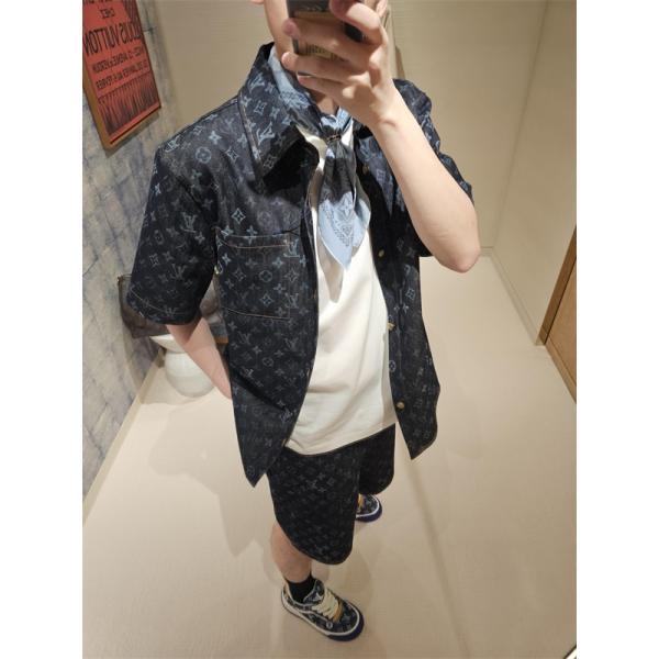 デニムシャツジャケット モノグラム総柄 ショートスリーブ LOUIS VUITTON ルイヴィトン コピー シャツジャケット 軽アウター風デザイン デイリーコーデ向け