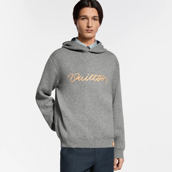 LOUIS VUITTONコピー Trunkシリーズ レザーロゴ ニットパーカー フーディー 2026新作 グレー