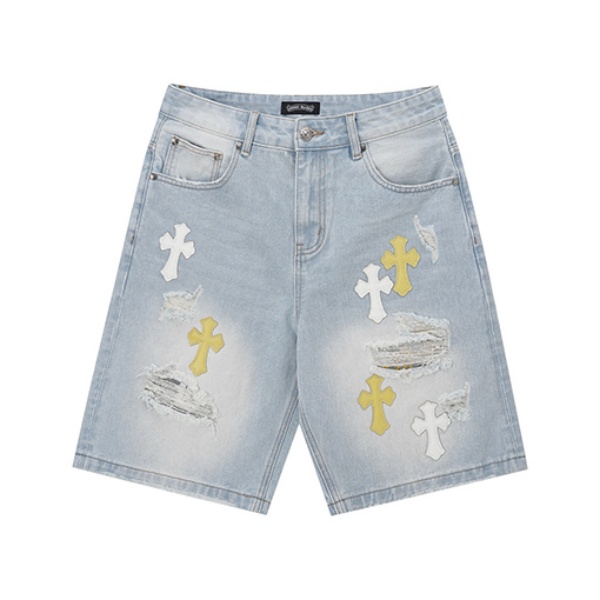 クロスパッチとクラッシュ加工が映える定番人気デニムショートパンツ Chrome Hearts ウォッシュ仕上げ クロムハーツ