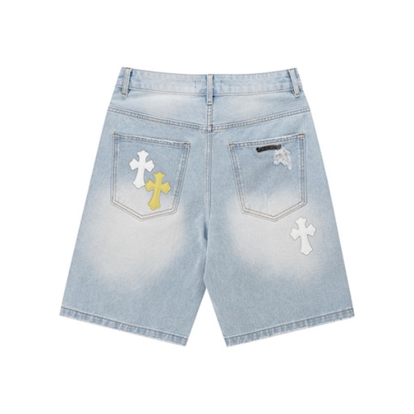 クロスパッチとクラッシュ加工が映える定番人気デニムショートパンツ Chrome Hearts ウォッシュ仕上げ クロムハーツ