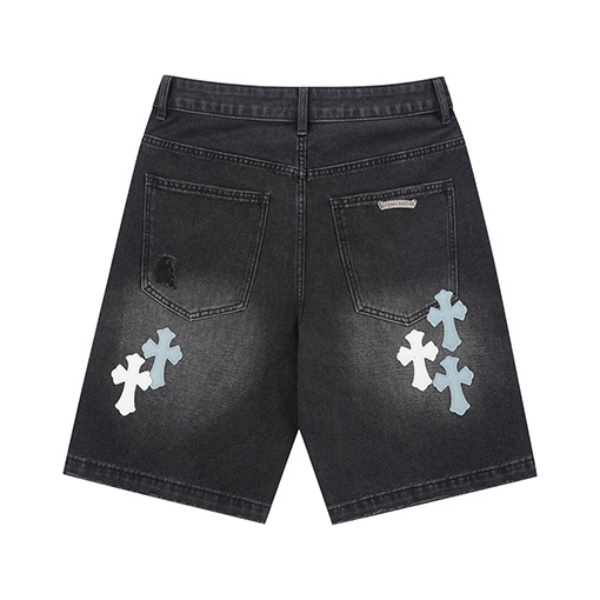 クロスパッチとクラッシュ加工が映える定番人気デニムショートパンツ Chrome Hearts ウォッシュ仕上げ クロムハーツ