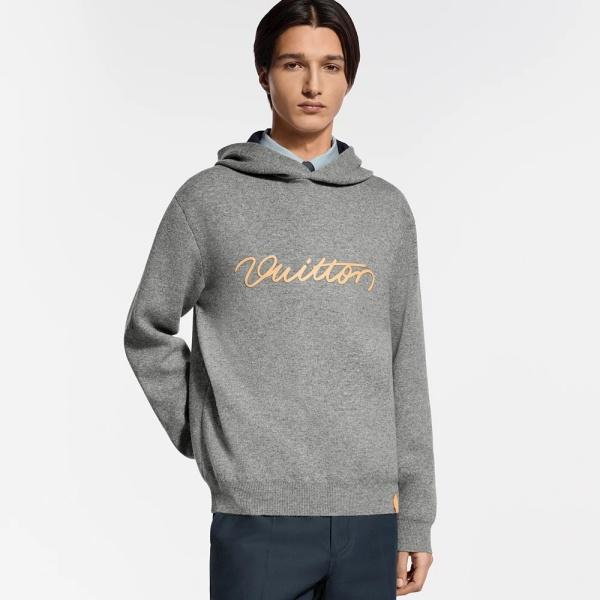 LOUIS VUITTONコピー Trunkシリーズ レザーロゴ ニットパーカー フーディー 2026新作 グレー