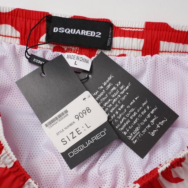 ホワイトタイポグラフィ総柄レッドスイムショーツ ディースクエアード 激安 メッシュ裏地 DSQUARED2メープルパッチ短パン