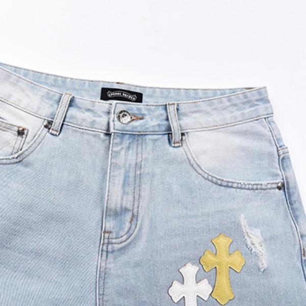 クロスパッチとクラッシュ加工が映える定番人気デニムショートパンツ Chrome Hearts ウォッシュ仕上げ クロムハーツ
