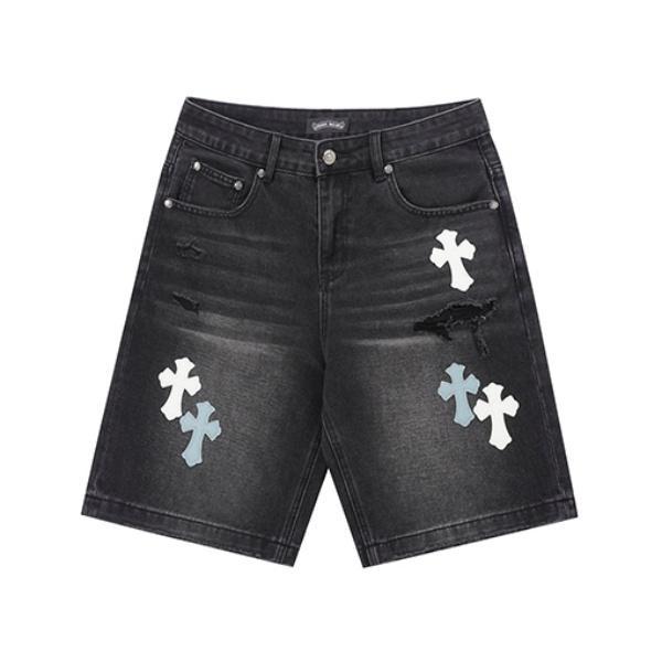 クロスパッチとクラッシュ加工が映える定番人気デニムショートパンツ Chrome Hearts ウォッシュ仕上げ クロムハーツ