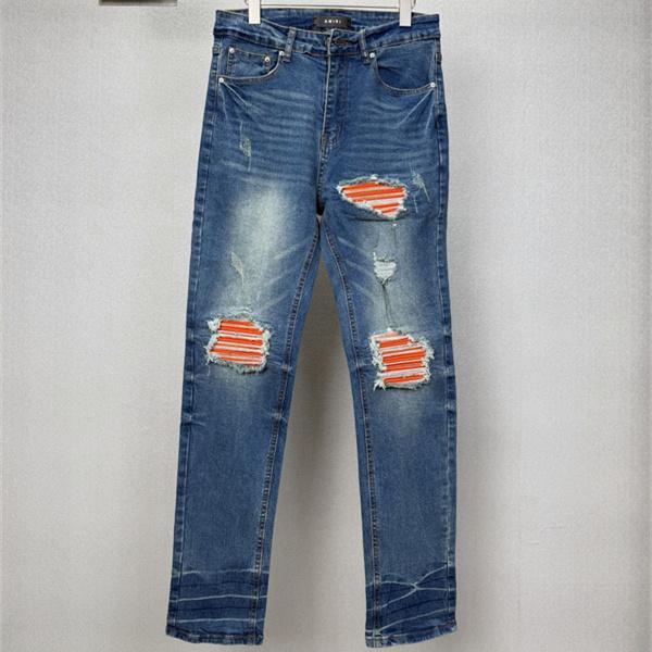 カラーパッチ加工 クラッシュデザイン ライトブルーカラー AMIRI アミリ コピー デニム リペアディテール 個性派ジーンズ