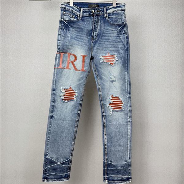 レッドロゴアクセント ウォッシュ加工 クラッシュディテール AMIRI アミリ コピー デニム ブルーデニム ヴィンテージ感