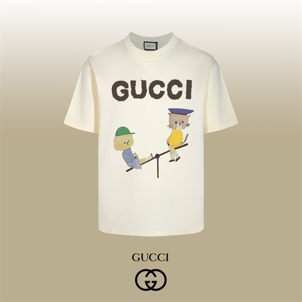 シーソーキャット 手描き風アニマル 配色イラスト GUCCI グッチ コピー 半袖Tシャツ 新着注目
