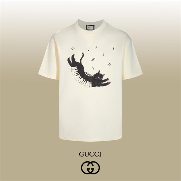 ピアノキャットグラフィック 音符モチーフ 遊び心満載 GUCCI グッチ コピー 半袖Tシャツ 話題の新顔
