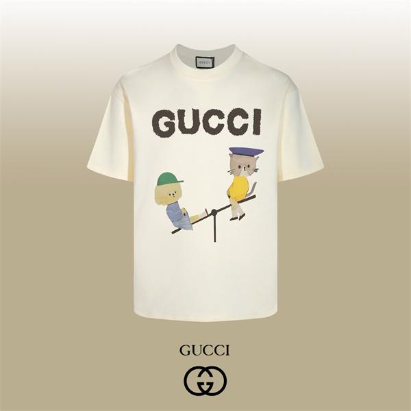 シーソーキャット 手描き風アニマル 配色イラスト GUCCI グッチ コピー 半袖Tシャツ 新着注目
