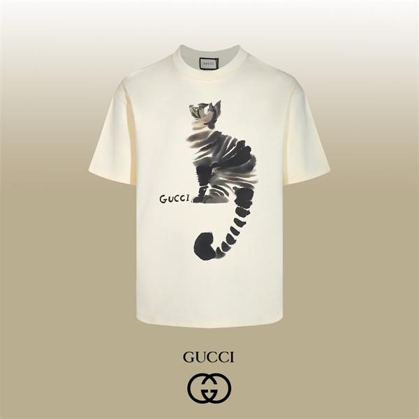 水彩キャット 抽象グラフィック 静かな存在感 GUCCI グッチ コピー 半袖Tシャツ 新鮮デザイン