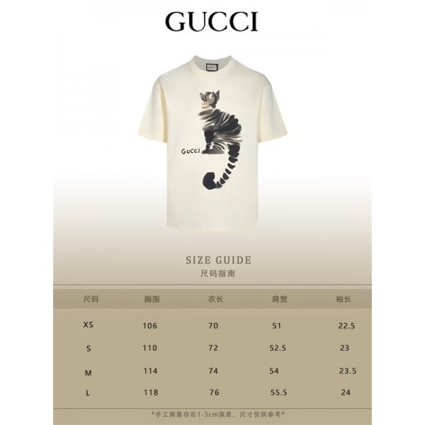 水彩キャット 抽象グラフィック 静かな存在感 GUCCI グッチ コピー 半袖Tシャツ 新鮮デザイン