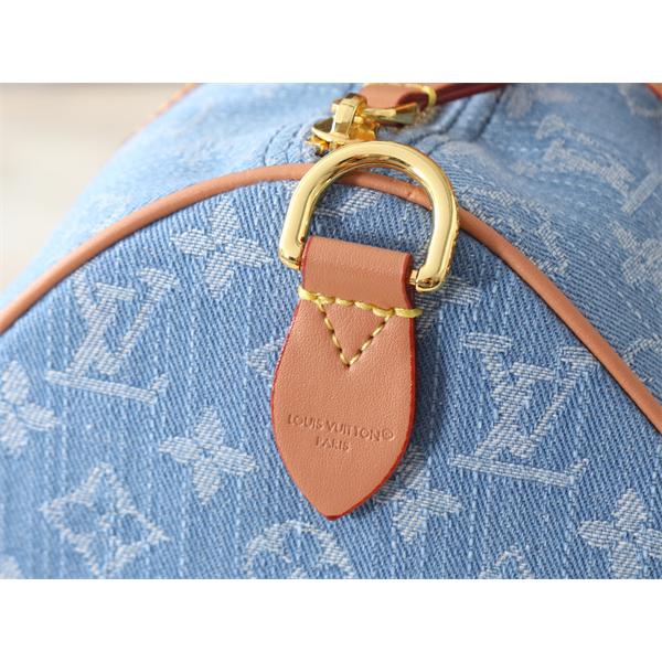 デニム素材が映える LOUIS VUITTON ルイヴィトン コピー ハンドバッグ フロントポケット レザーハンドル 旅映えフォルム