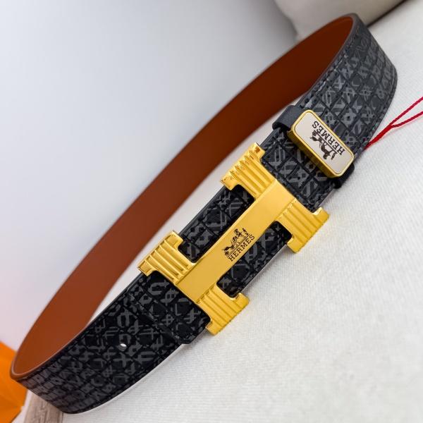 HERMÈS コピー 2026注目モデル H型掛けバックル メンズダブルフェイス本革ベルト 幾何型押しデザイン 重厚メタル金具