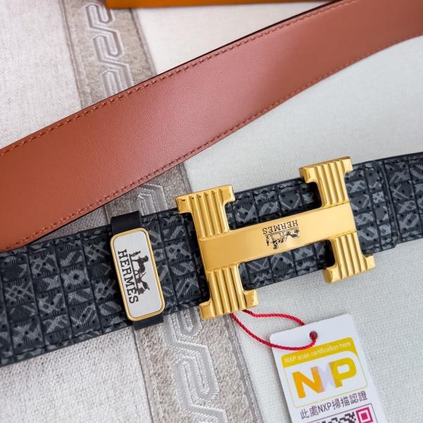 HERMÈS コピー 2026注目モデル H型掛けバックル メンズダブルフェイス本革ベルト 幾何型押しデザイン 重厚メタル金具