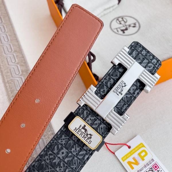 HERMÈS コピー 2026注目モデル H型掛けバックル メンズダブルフェイス本革ベルト 幾何型押しデザイン 重厚メタル金具