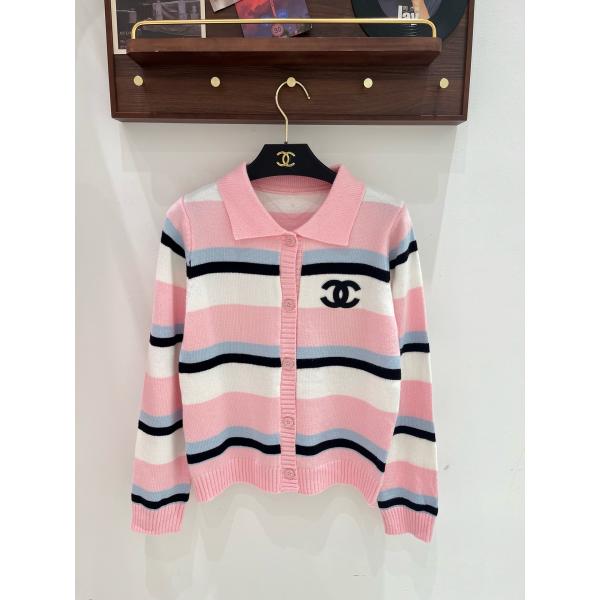 配色ボーダーが映える CHANEL シャネル コピー ポロカーディガン CCワンポイント リブトリム仕立て