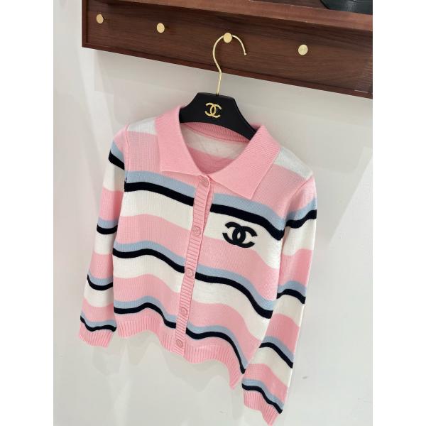 配色ボーダーが映える CHANEL シャネル コピー ポロカーディガン CCワンポイント リブトリム仕立て